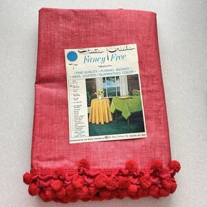 Vintage vinyl red oblong 54 x 72 tablecloth. Pride USA. Fancy free Tassle balls.